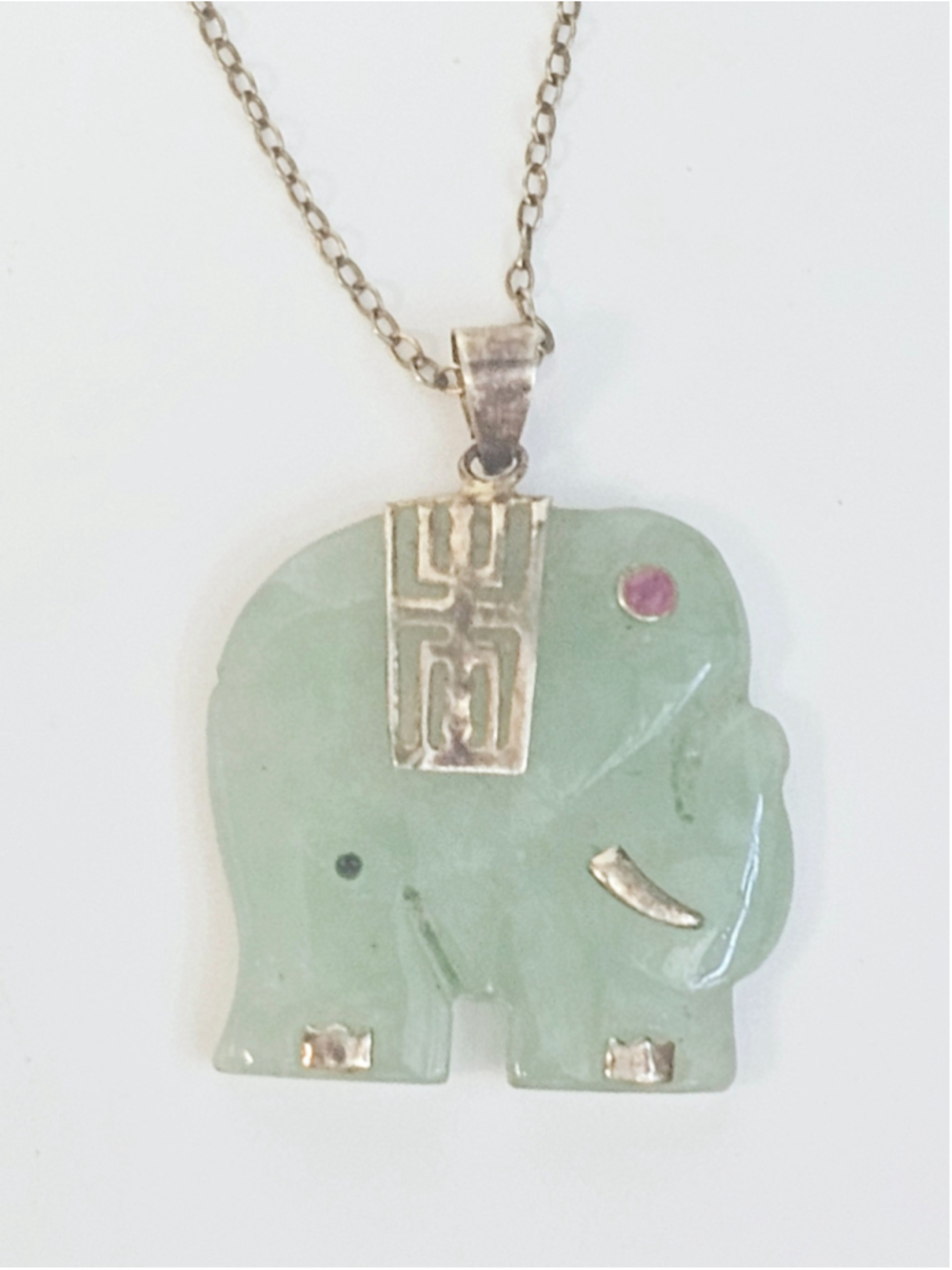 Vintage Y2K Kmart Carved Green Stone Elephant Pendant Necklace - Sterling Silver